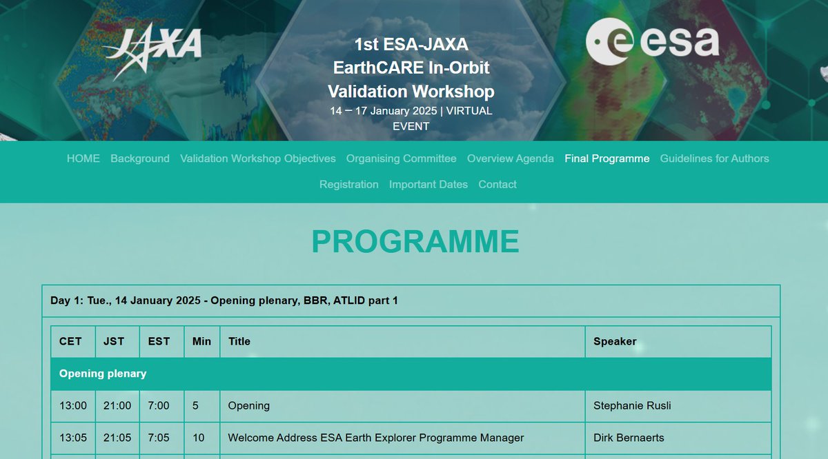 PANGEA4CalVal (@pangea4calval) on Twitter photo ๐ข Exciting update! Today at 15:20 CET, the <a href="/Pangea4calval/">PANGEA4CalVal</a> team will present the "EarthCARE ATLID Level 1 intercomparison with ACROSS lidars" at the 1st ESA-JAXA EarthCARE In-Orbit Validation Workshop.
<a href="/esa_earthcare/">ESA's EarthCARE mission</a> #ESA #JAXA
๐earthcare-validation-2025-1.org/final-programme ๐ข Exciting update! Today at 15:20 CET, the <a href="/Pangea4calval/">PANGEA4CalVal</a> team will present the "EarthCARE ATLID Level 1 intercomparison with ACROSS lidars" at the 1st ESA-JAXA EarthCARE In-Orbit Validation Workshop.
<a href="/esa_earthcare/">ESA's EarthCARE mission</a> #ESA #JAXA
๐earthcare-validation-2025-1.org/final-programme