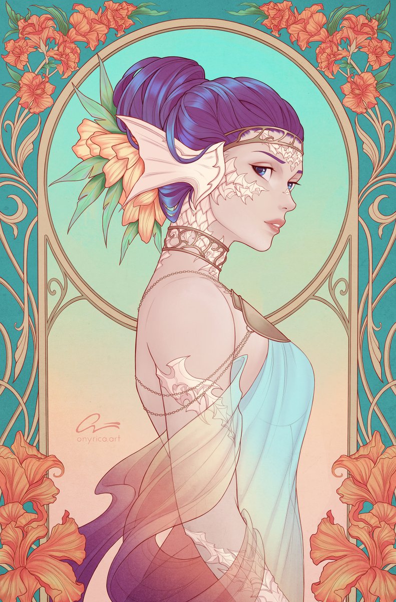 Onyrica's tweet photo. [ Grace ]

I've been dying to do something Art Nouveau-ish for a while so this was honestly a blast to work on (yes, despite all the flowers, scales and filigree. At this point my pain is purely self-inflicted) https://t.co/cRUlx4xiQV