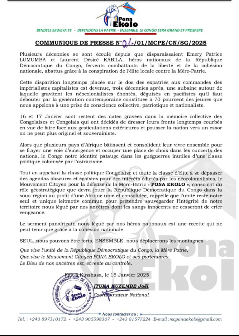 #RDC: “16 et 17 janvier,deux dates historiques gravées dans la mémoire collective de congolais, Kabila-lumumba,un duo du nationalisme, patriotisme et de la résilience, mouvements citoyen pour la défense de la Mère-patrie "PONA EkOLO"conscient du rôle géostratégique que devra
