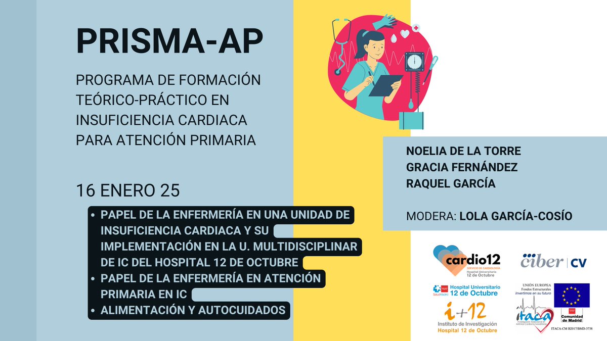 Esta tarde nuestro equipo de #enfermería de #InsuficienciaCardiaca nos trae la primera sesión del curso PRISMA-AP de 2025 en <a href="/H12Octubre/">Hospital Universitario 12 de Octubre</a> . Con ellas conoceremos el papel de la enfermería en una Unidad Multidisciplinar de Insuficiencia Cardiaca y en Atención Primaria.