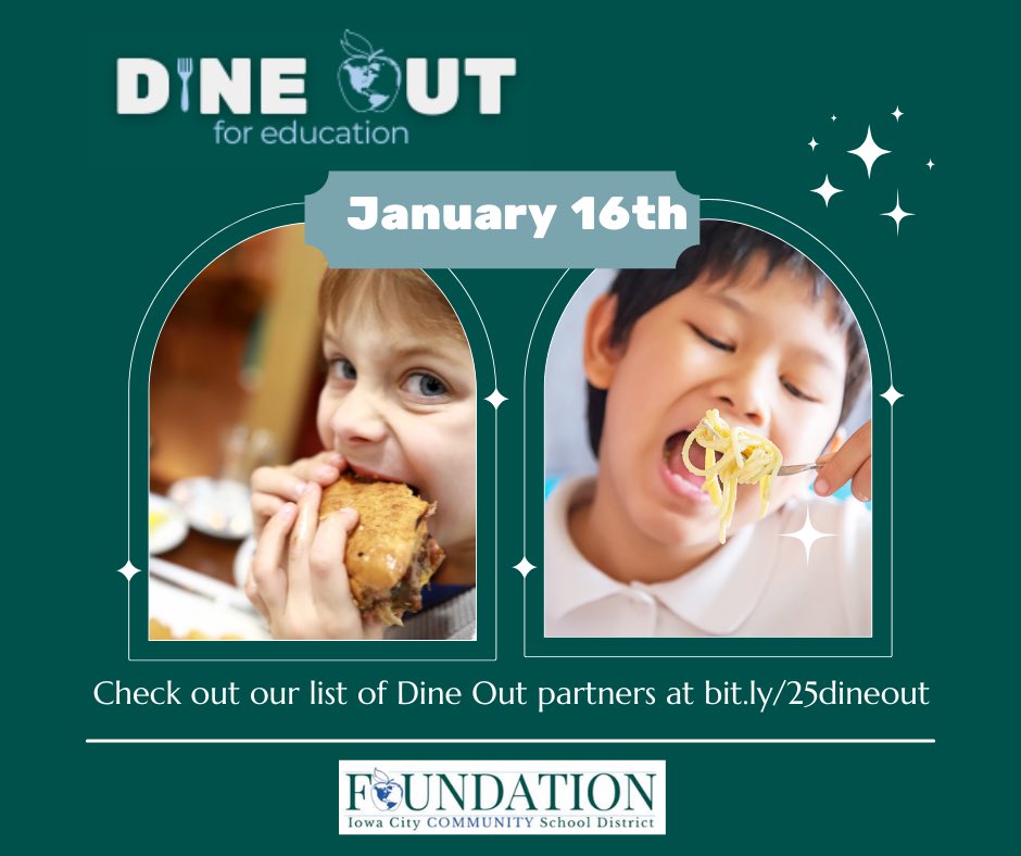 Foundation for ICCSD (@iccsdfoundation) on Twitter photo Today is the day! Treat yourself to a break from cooking by dining out or ordering takeout from one of our winter Dine Out partners. Ten percent of your purchase will go towards supporting our <a href="/IowaCitySchools/">Iowa City Schools</a>. Don’t forget to tag us in your tasty adventures! 🍽️☕️🍨 Today is the day! Treat yourself to a break from cooking by dining out or ordering takeout from one of our winter Dine Out partners. Ten percent of your purchase will go towards supporting our <a href="/IowaCitySchools/">Iowa City Schools</a>. Don’t forget to tag us in your tasty adventures! 🍽️☕️🍨