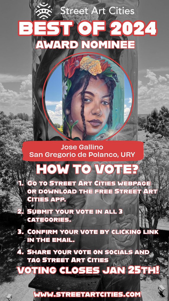 Comparto la grata noticia de que el mural  de San Gregorio de Polanco se encuentra nominado a ser el mejor del Año 2024,  entre varias obras que se pondrán a votación popular mundial en la prestigiosa publicación Street Art Cities.

Los Invito a votarla streetartcities.com/awards/2024