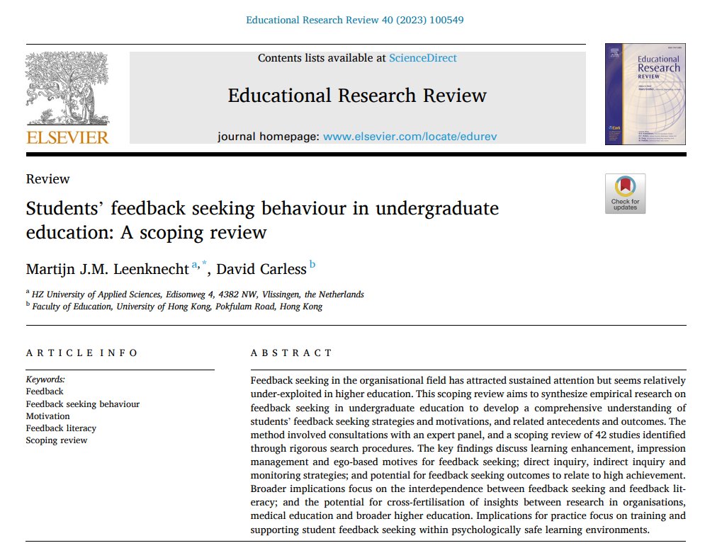 COFE-I (@cofe_i) on Twitter photo 📙In their literature review on students' #feedback seeking behaviour Leenknecht & <a href="/CarlessDavid/">David Carless</a> (2023) focus on motivation. They also show the relationships between feedback seeking, self-reflection, feedback literacy, and performance. 🔄#LecturaRecomendada #autorregulación 📙In their literature review on students' #feedback seeking behaviour Leenknecht & <a href="/CarlessDavid/">David Carless</a> (2023) focus on motivation. They also show the relationships between feedback seeking, self-reflection, feedback literacy, and performance. 🔄#LecturaRecomendada #autorregulación