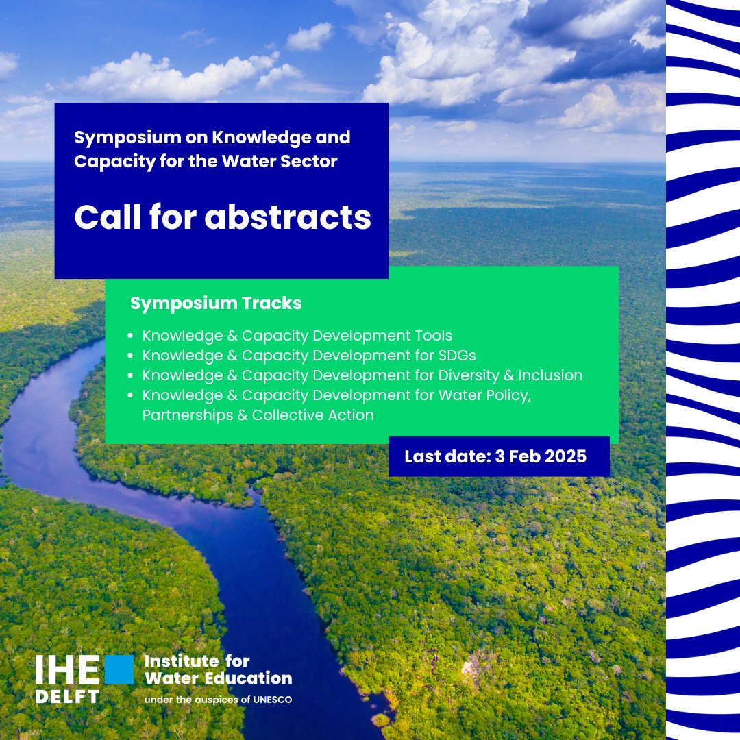📢 Call for Abstracts!

Submit your abstract for the 7th International Symposium on Knowledge &amp; Capacity for the Water Sector.

Tracks:

Deadline: Feb 3, 2025

kcsymposium2025.un-ihe.org/en/call-abstra…

#WaterSymposium #NextGenWater #GlobalSouth #CapacityBuilding #Innovation #IHEDelft