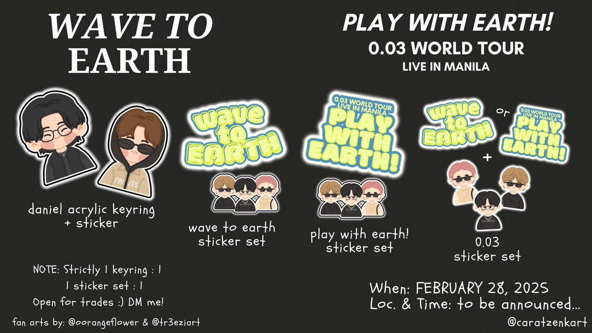 WAVE TO EARTH
PLAY WITH EARTH! 
0.03 World Tour
Live in Manila

🌊 fan support by @caratzenkart 🩵

when: February 28, 2025
time &amp; loc.: tba

- like &amp; repost
- see picture for other details

#WaveToEarthInManila 🌊🌏