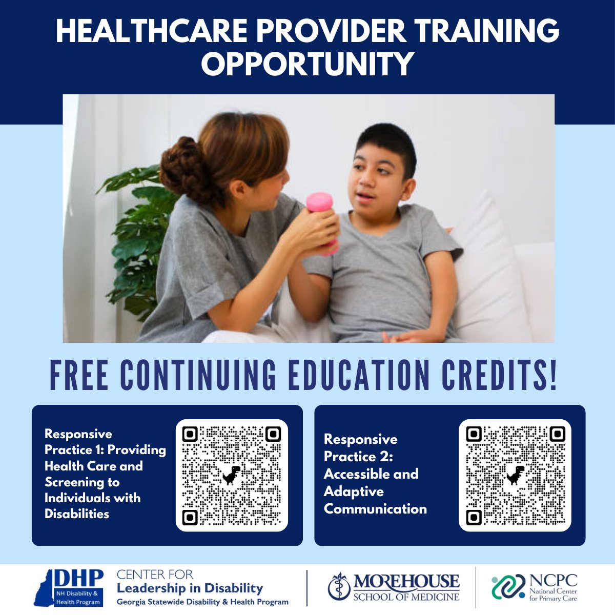 We invite you to take advantage of the two free virtual training opportunities from the Georgia Statewide Disability &amp; Health program at Center for Leadership in Disability for all healthcare providers!

Training 1: bit.ly/3OWQcXy
Training 2: bit.ly/3MPydzP