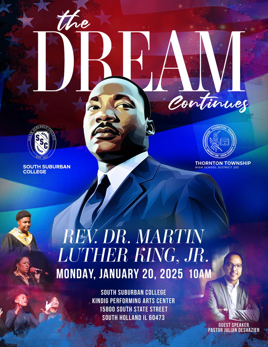 This Monday, January 20th, at 10am, we invite you to brave the chill and join us in celebrating the legacy of Dr. Martin Luther King, Jr. at the South Suburban College, Kindig Performing Arts Center. Bundle up and bring your passion for change! 
#MLKDay2025