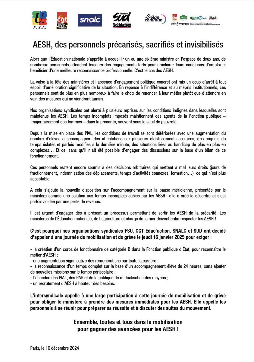 Soutien aux #AESH et #AED, mobilisées ajd face au manque de reconnaissance et à la précarité de leurs conditions de travail.
➡️ Création d'un corps de fonctionnaires de catégorie B, revalorisation des salaires et conditions de travail... Des moyens pour l'école inclusive, vite !