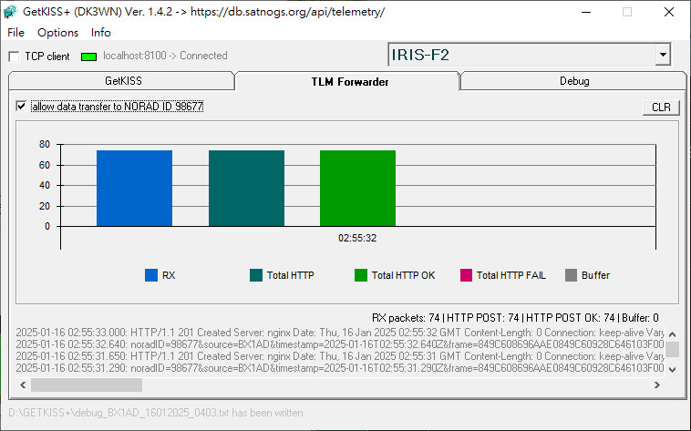 BX1AD's tweet photo. IRIS-F2 Telemetry received on 400.910 MHz.
74 frames uploaded to SATNOGS. https://t.co/HDuIVfzXvx