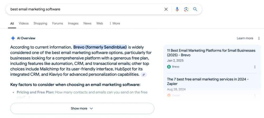 Me: What's the best email marketing software right now?  

Google AI: Brevo  

Me: Cool, according to whom?  

Google AI: Brevo