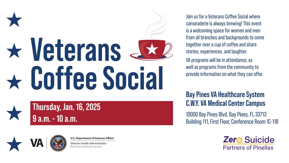 Attention Veterans! If you're near the C.W.Y. VAMC Campus, join us for our coffee social this morning.

This event will take place from 9 - 10 a.m. in building 111, on the first floor, in conference room 1C-118. Veterans of all ages and backgrounds are welcome to attend!