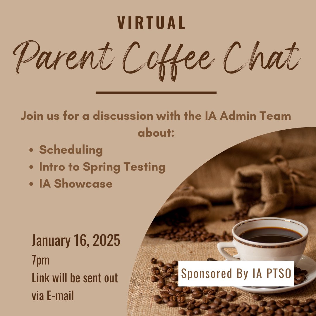 🚨 TONIGHT 🚨

Our next Parent Coffee will be *virtual* on January 16th at 7pm!