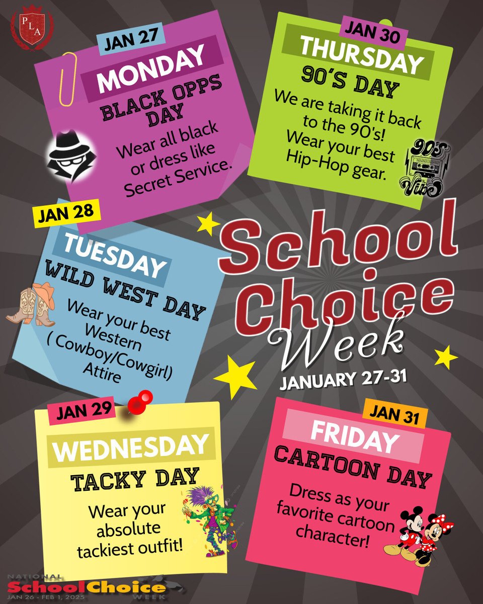 plabellingrath's tweet photo. 📣 School Choice Week is January 27th-31st 📣

Get ready for a fun-filled week of exciting themes and be sure to put your best foot forward. We can't wait to see your outfits! 🤩 https://t.co/m6nuApalGq