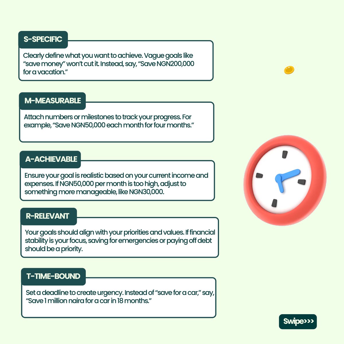 UseSavetoBuy's tweet photo. Setting financial goals is the first step toward achieving the life you want. But not just any goals, they need to be SMART: Specific, Measurable, Achievable, Relevant, and Time-bound. Here’s how to create them. #savesmart #moneymindset #savetobuy https://t.co/xtmjLLm4s8