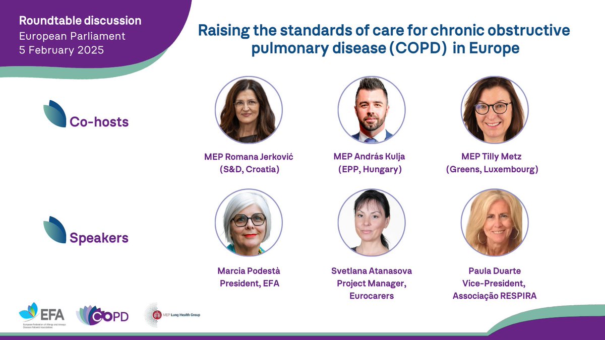 📣 Join us on 5 Feb 2025 at the European Parliament for a discussion on #COPDStandardsofCare!

High-level speakers will come together to address early #diagnosis, access to #care and stronger #lunghealth policies for 36M Europeans 🫁

🔗Register by 24 Jan: community.efanet.org/elementor-test…