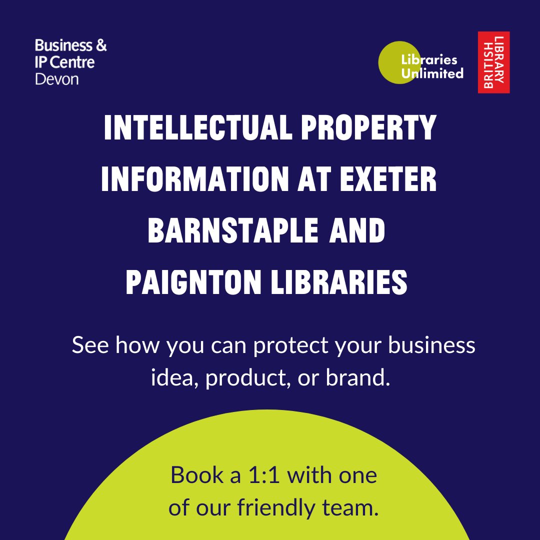 BIPC Devon (@bipcdevon) on Twitter photo Do you have a business idea, product, or brand that you want to protect?
Book a free 1:1 with a member of staff who can talk you through your options, Exeter, Barnstaple, or Paignton Libraries, or via Zoom!
Email bipc@librariesunlimited.org.uk to book your free 1:1! Do you have a business idea, product, or brand that you want to protect?
Book a free 1:1 with a member of staff who can talk you through your options, Exeter, Barnstaple, or Paignton Libraries, or via Zoom!
Email bipc@librariesunlimited.org.uk to book your free 1:1!
