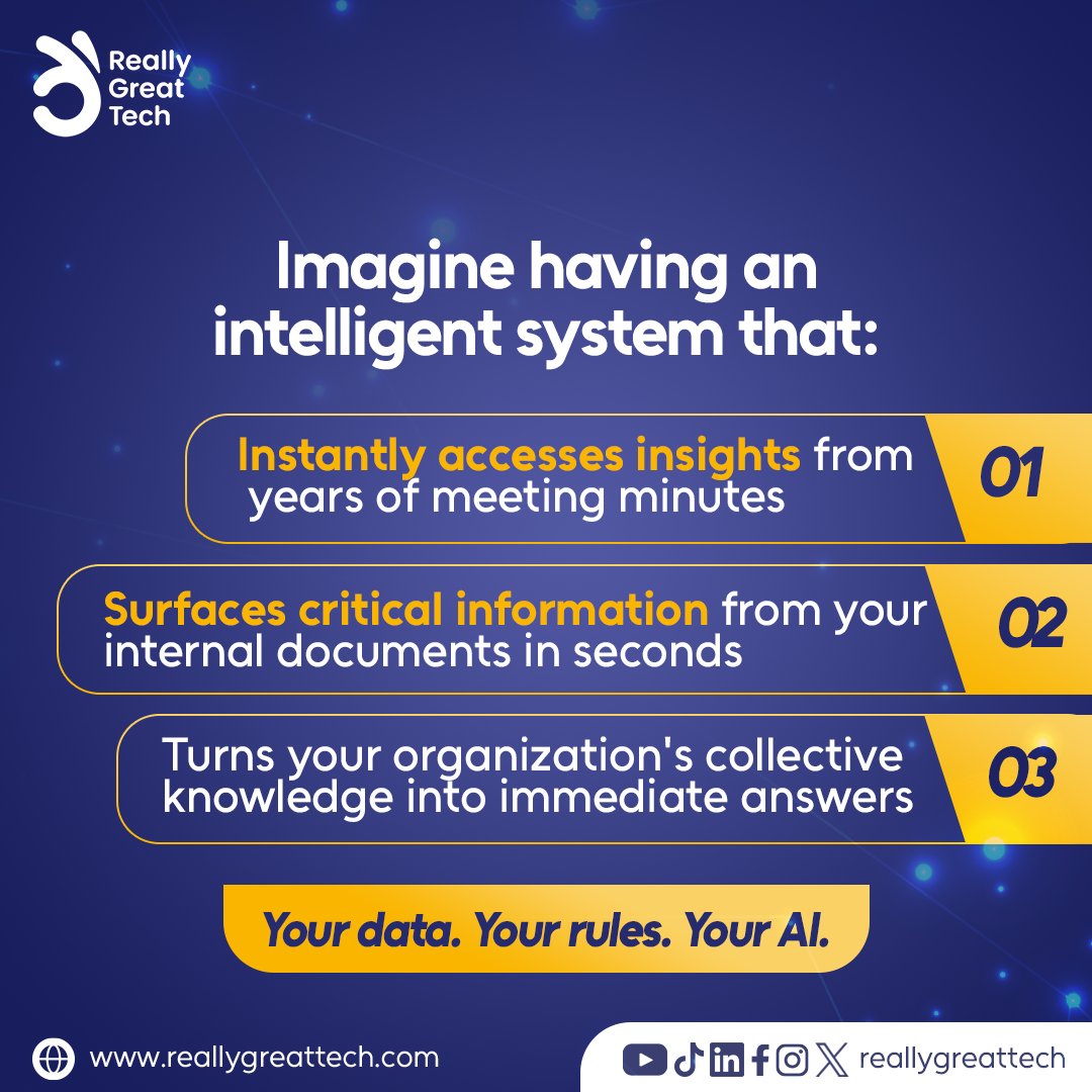 ReallyGreatTech's tweet image. Imagine having an intelligent system that:
- Instantly accesses insights from years of meeting minutes
- Surfaces critical information from your internal documents in seconds
- Turns your organization&apos;s collective knowledge into immediate answers
Your data. Your rules. Your AI.