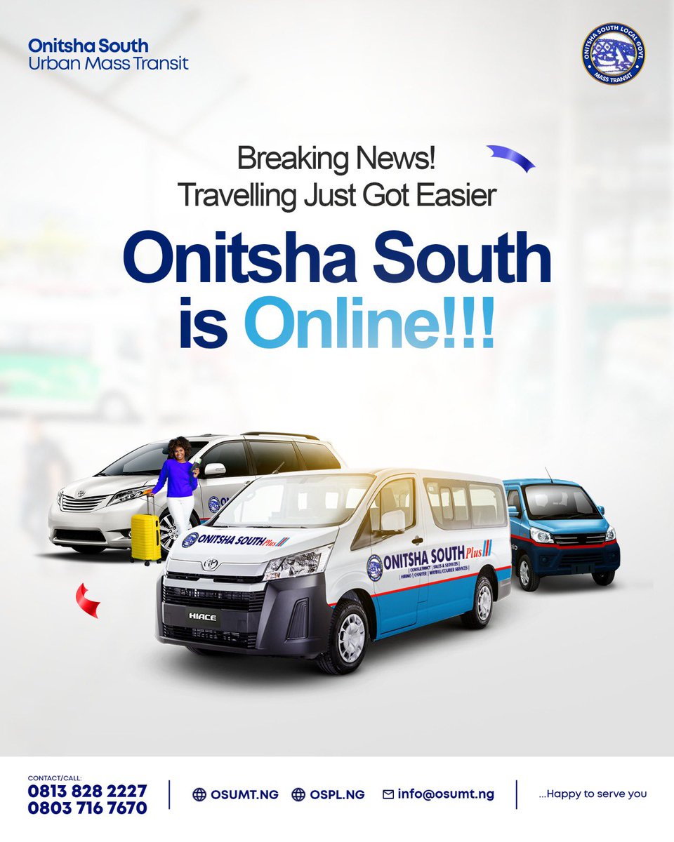 onsourban's tweet photo. Still on our journey to make your travels seamless and unforgettable, we're thrilled to announce that Onitsha South is now ONLINE! 

Book your trips anytime and anywhere.

#onitshasouth #affordabletravel ##travelingwithonitsha https://t.co/c0rLDUW3Eu