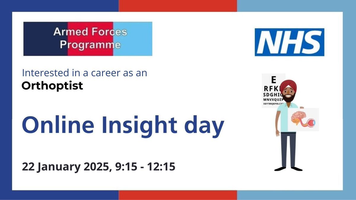 Do you know someone looking for a new career? 

Let them know about our Insight Day on 22 January, aimed at those transitioning from the armed forces, or other careers, into orthoptics.

Find out more: buff.ly/3Vyfkql