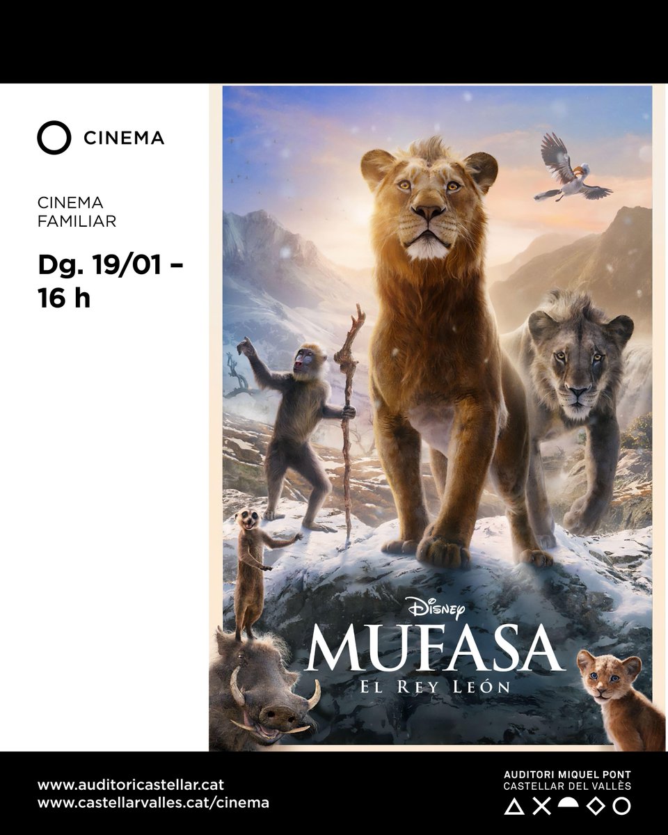 auditoricastellar (@auditoricast) on Twitter photo 🦁 "Mufasa: El rey león" és la proposta de cinema familiar que es projectarà aquest diumenge a l'Auditori.
🎬 Una història plena d’aventures, valors i amistats inoblidables.
📅 Dg. 19/01
🕓 16 h
📍 Auditori Miquel Pont
🎟️ auditoricastellar.cat/mufasa-el-rey-…
<a href="/femcastellar/">Fem Castellar</a>
#cinemafamiliar 🦁 "Mufasa: El rey león" és la proposta de cinema familiar que es projectarà aquest diumenge a l'Auditori.
🎬 Una història plena d’aventures, valors i amistats inoblidables.
📅 Dg. 19/01
🕓 16 h
📍 Auditori Miquel Pont
🎟️ auditoricastellar.cat/mufasa-el-rey-…
<a href="/femcastellar/">Fem Castellar</a>
#cinemafamiliar