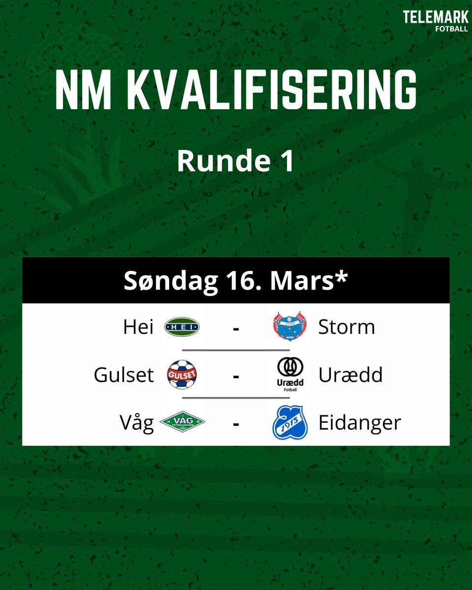 𝐍𝐄𝐖 𝐘𝐄𝐀𝐑, 𝐍𝐄𝐖 𝐋𝐎𝐎𝐊🔥

Slik spilles første kvalifiseringsrunde til Norgesmesterskapet for herrer for Telemarkslagene! Hvem går videre til 2. kvalifiseringsrunde?🤔 #TelemarkFotball

*Kampene er ikke berammet enda og spilles senest søndag 16. mars