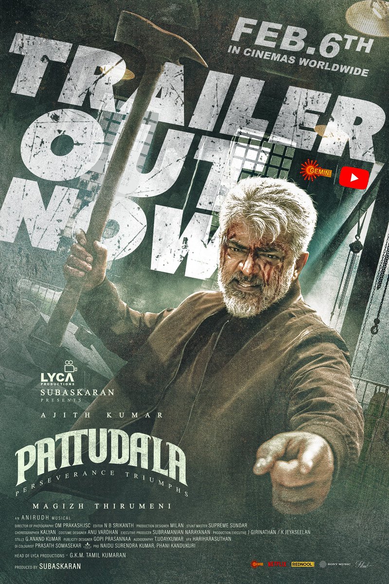 EditorSrikanthNB (@srikanth_nb) on Twitter photo Persistence is the path, Victory is the destination💥 The #VIDAAMUYARCHI & #PATTUDALA Trailer is OUT NOW!
🔗 Tamil - youtu.be/hsoGpoDxyKg
🔗 Telugu - youtu.be/upA4QCsrAKE
FEB 6th 🗓️ in Cinemas Worldwide 📽️✨
#AjithKumar #MagizhThirumeni <a href="/LycaProductions/">Lyca Productions</a> <a href="/anirudhofficial/">Anirudh Ravichander</a> Persistence is the path, Victory is the destination💥 The #VIDAAMUYARCHI & #PATTUDALA Trailer is OUT NOW!
🔗 Tamil - youtu.be/hsoGpoDxyKg
🔗 Telugu - youtu.be/upA4QCsrAKE
FEB 6th 🗓️ in Cinemas Worldwide 📽️✨
#AjithKumar #MagizhThirumeni <a href="/LycaProductions/">Lyca Productions</a> <a href="/anirudhofficial/">Anirudh Ravichander</a>