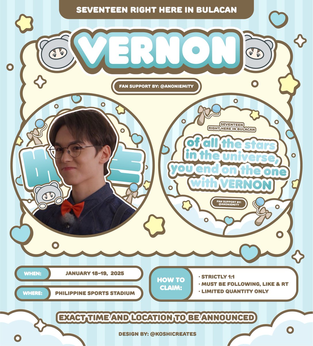 anoniemity's tweet photo. 𝒔𝒆𝒗𝒆𝒏𝒕𝒆𝒆𝒏 𝒓𝒊𝒈𝒉𝒕 𝒉𝒆𝒓𝒆 𝒊𝒏 𝒃𝒖𝒍𝒂𝒄𝒂𝒏 ⸝꙳
a fan support for #VERNON
╰ by @anoniemity ⊹˚.

✴︎ jan 18-19, loc tba
✴︎ rt, like, follow (optional)
✴︎ limited qty .ᐟ
✴︎ strictly 1:1

see ü carats &amp; dollys! 🐻‍❄️

#SEVENTEEN_RIGHT_HERE_IN_BULACAN https://t.co/KGptsV93DH