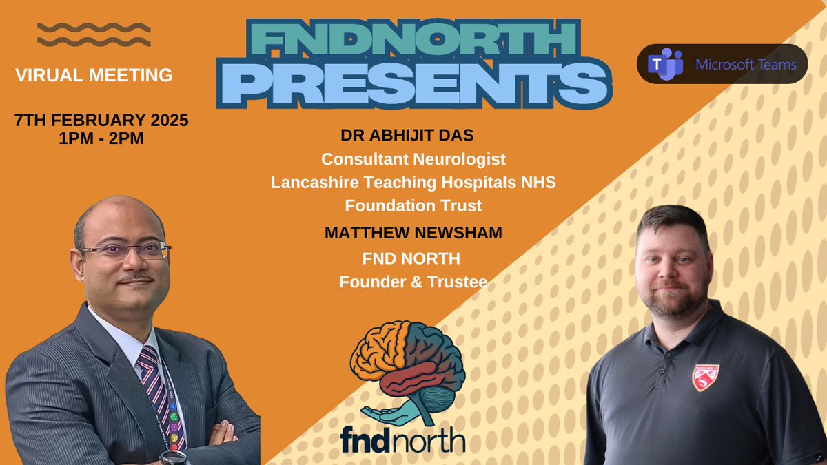 FndNorth's tweet photo. We're excited to announce a virtual meeting on February 7th 2025, at 1PM GMT via Teams!

This month we have @MatthewFND  Founder - FND North and @Brain_Tinkerer  from @LancsHospitals  in attendance to answer your questions. 

please email us at hello@fndnorth.org for your invite https://t.co/WXaXvxYDb2
