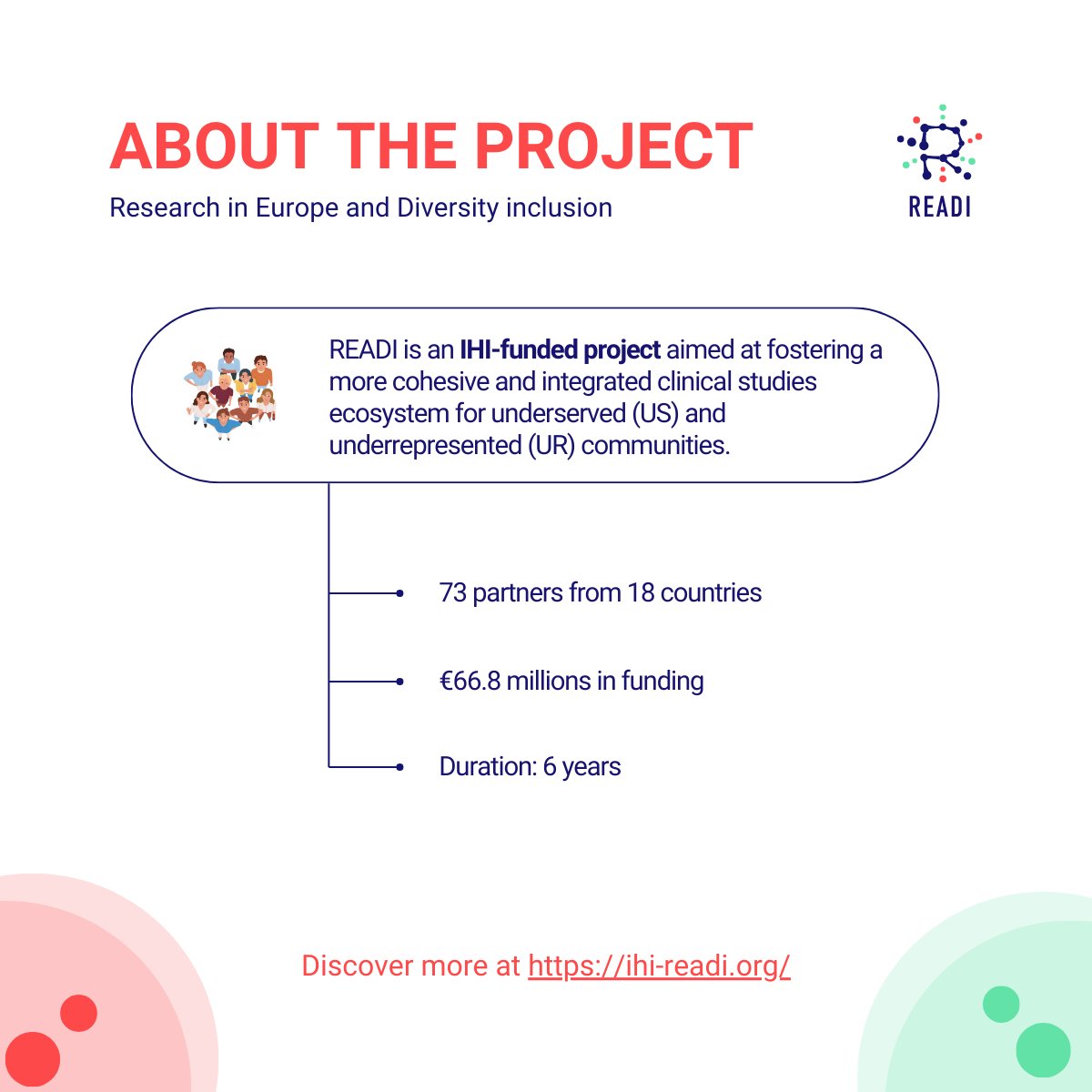 IPPOSI's tweet image. We are delighted to lead two major tasks as part of the new 6-year @IHIREADI project, kicking off today in Madrid. The aim is to enhance patient representativeness & inclusion in Clinical Research - 72 partners from 18 countries, €66.8M funding
ihi-readi.org