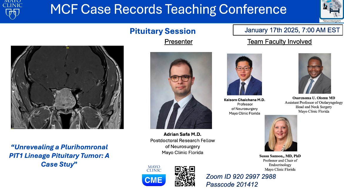 Adrian Safa M.D. (@adrian_safa) on Twitter photo Donāt forget to join us tomorrow @7AM for our first Pituitary Session of our
MCF Case Records Conference. I will be presenting a very interesting case together with our multidisciplinary team!
<a href="/DoctorQMd/">Dr. Alfredo QuiƱones-Hinojosa</a> <a href="/kchaichanamd/">kaisorn chaichana</a> <a href="/janhachmann/">Jan Hachmann MD MS MBA</a> <a href="/ManuelaAB99/">Manuela Aramburu Berckemeyer, MD</a> <a href="/MayoClinicNeuro/">Mayo Clinic Neuro</a> Donāt forget to join us tomorrow @7AM for our first Pituitary Session of our
MCF Case Records Conference. I will be presenting a very interesting case together with our multidisciplinary team!
<a href="/DoctorQMd/">Dr. Alfredo QuiƱones-Hinojosa</a> <a href="/kchaichanamd/">kaisorn chaichana</a> <a href="/janhachmann/">Jan Hachmann MD MS MBA</a> <a href="/ManuelaAB99/">Manuela Aramburu Berckemeyer, MD</a> <a href="/MayoClinicNeuro/">Mayo Clinic Neuro</a>