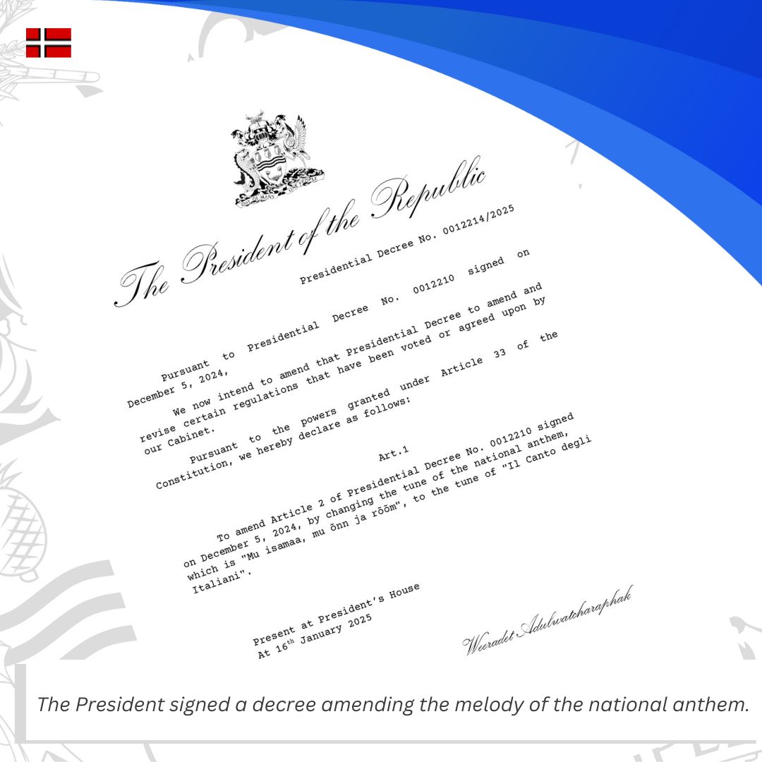 Today, the President signed a decree amending the tune of the national anthem, changing the original tune of the Mu isamaa, mu õnn ja rõõm, to the tune of Il Canto degli Italiani, which will be used starting tomorrow.

#micronations #micronation