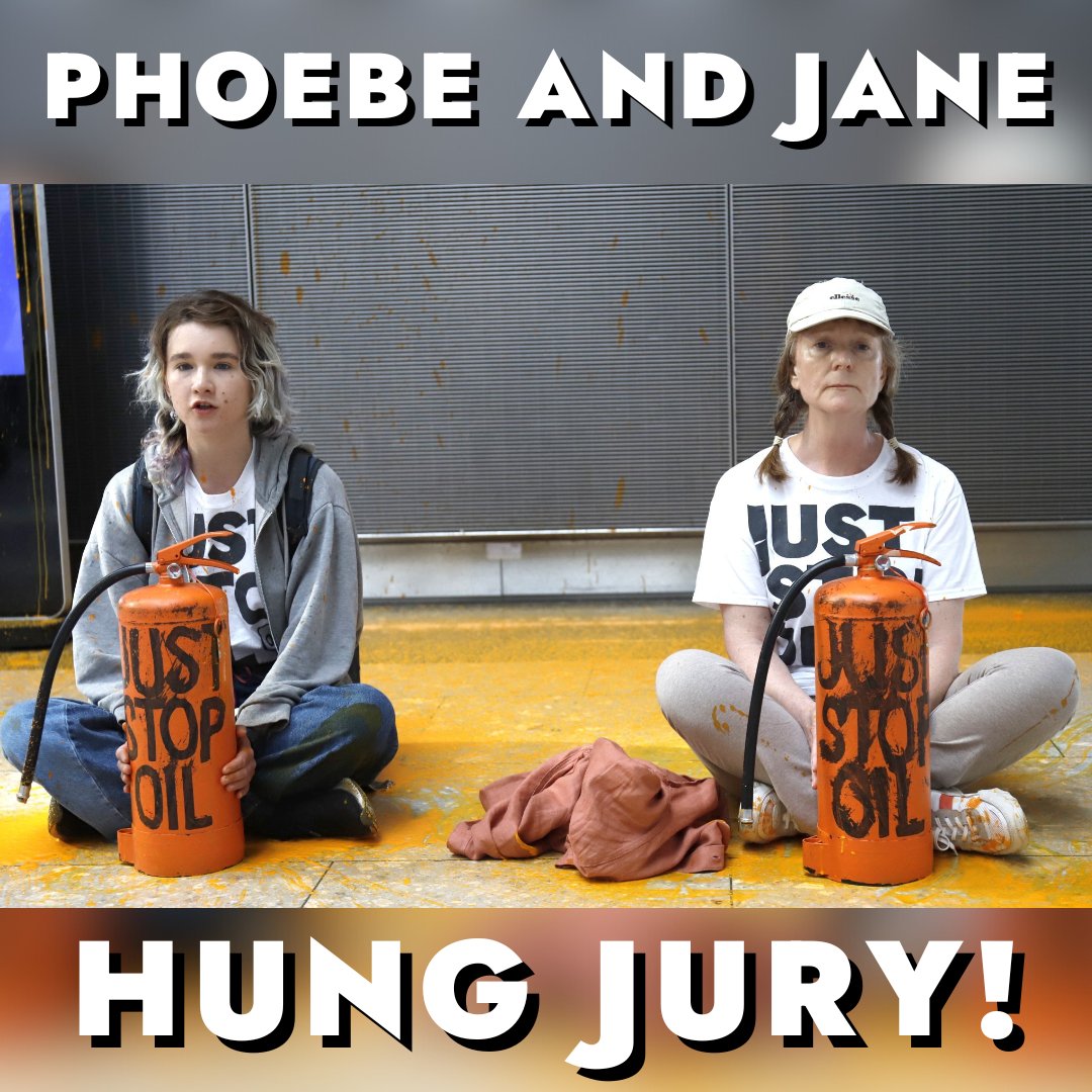 🚨 BREAKING: HUNG JURY FOR HEATHROW PAINT SPRAYING

Today the jury failed to reach a majority decision for Phoebe and Jane after a 9 day trial where the prosecution attempted to argue they caused £50,000 of damages.

The two had their legal defences removed, and were faced with a