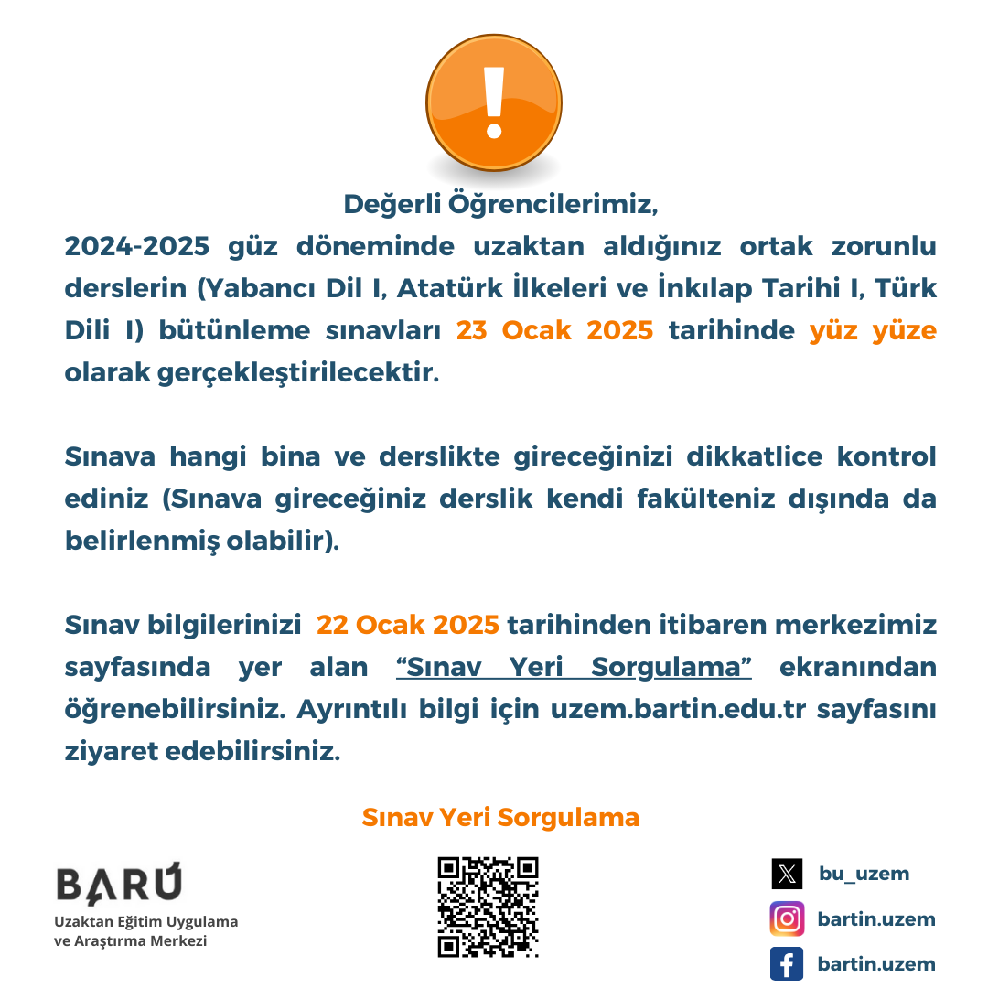 bu_uzem's tweet photo. Ortak zorunlu derslerin bütünleme sınavlarında tüm öğrencilerimize başarılar dileriz.  İlgili duyuru:  https://t.co/wxQ1ixJFSn #bartınuzem #uzem #bartınüniversitesi #uzaktaneğitim https://t.co/fHDDLrINoj