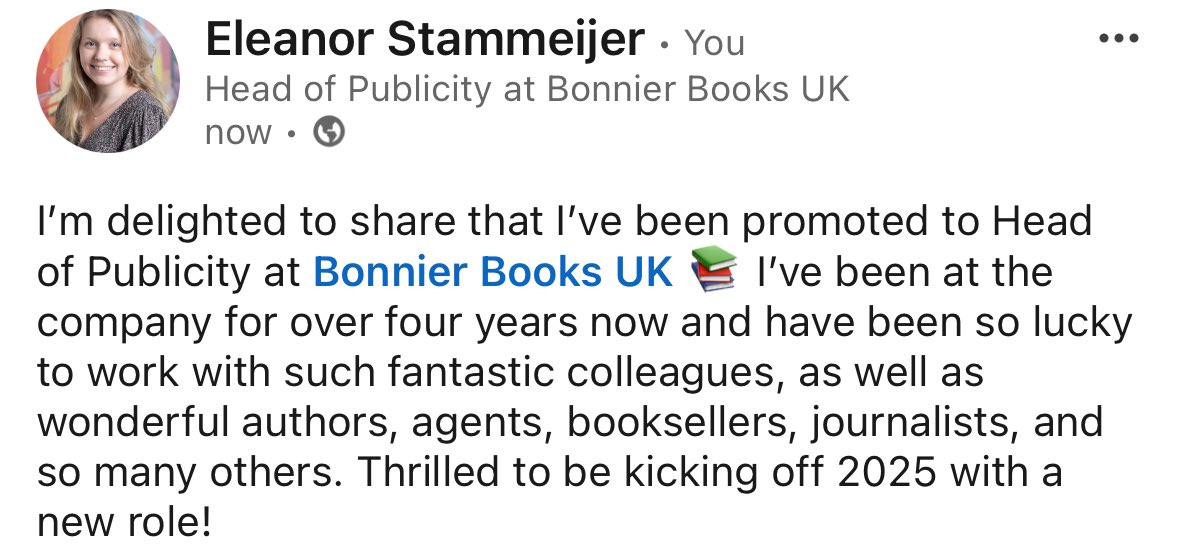 Doing the classic flurry of ‘SOME NEWS’ posts 🎉📚 So thrilled to be stepping up to Head of Publicity at Bonnier (or as my mum is now referring to me as, ‘Eleanor hop’ 😂)