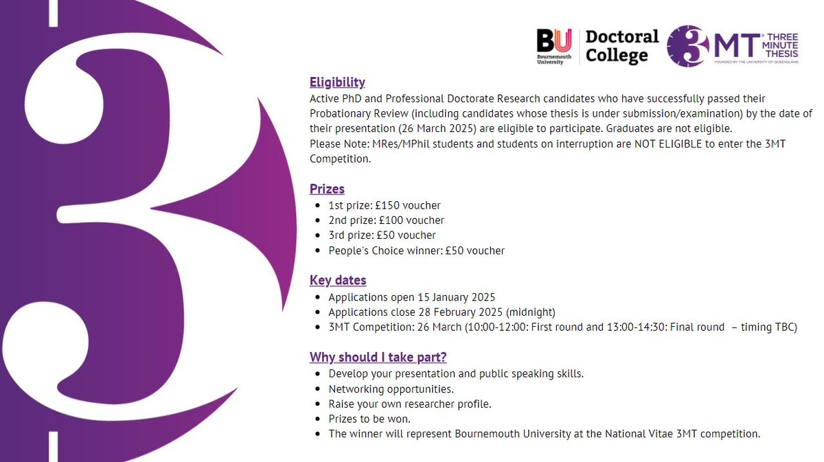 BUDoctoralCollege (@budoccollege) on Twitter photo We are excited to host the Three Minute Thesis (3MT®) competition at BU for the very first time! Challenge yourself to condense your thesis into a three-minute presentation🤩
Click the Brightspace link for more information and to apply➡️bit.ly/40bsNpi
<a href="/bournemouthuni/">Bournemouth Uni</a> We are excited to host the Three Minute Thesis (3MT®) competition at BU for the very first time! Challenge yourself to condense your thesis into a three-minute presentation🤩
Click the Brightspace link for more information and to apply➡️bit.ly/40bsNpi
<a href="/bournemouthuni/">Bournemouth Uni</a>
