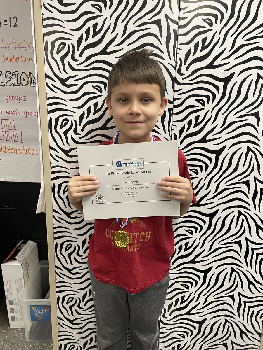 amydocherty44's tweet image. Our big winner at Woodland!! First place in the Wordmasters Challenge for 3rd grade! Way to go Levi! @wolvestweet @wordmastersllc