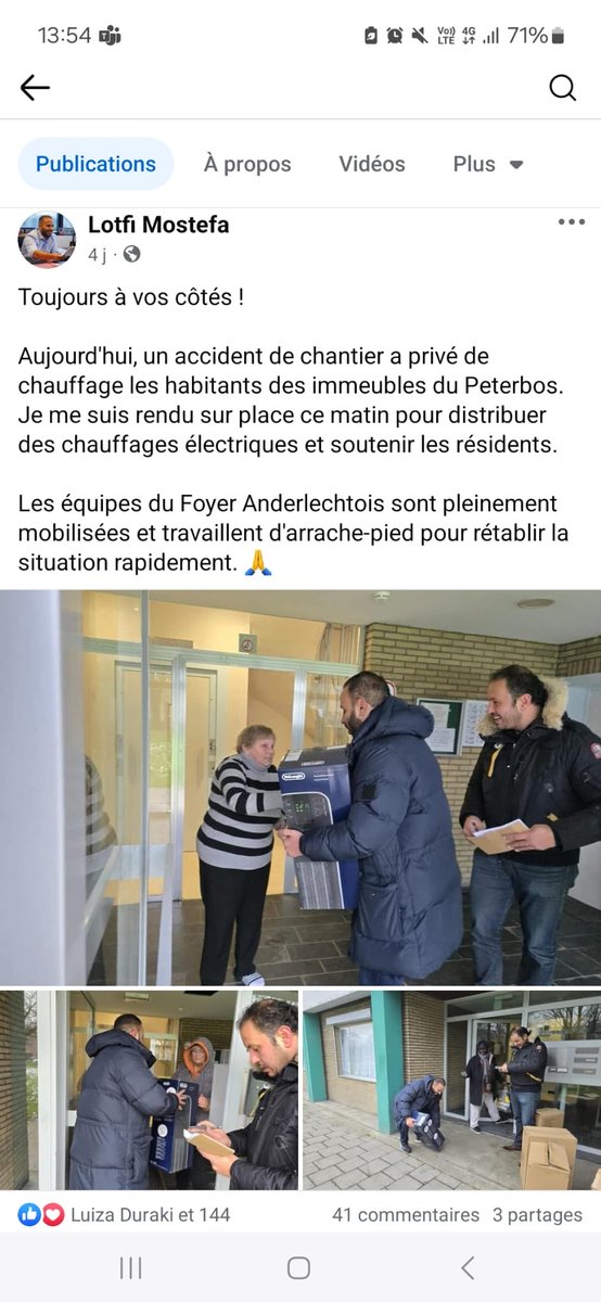 Lotfi Mostefa, ex président du CPAS d’Anderlecht et actuel président du foyer anderlechtois, distribue en main propre des chauffages aux habitants du Peterbos. Est-ce vraiment le rôle d’un président de CA que de faire cela ? ⁦<a href="/PSofficiel/">Parti Socialiste</a>⁩
