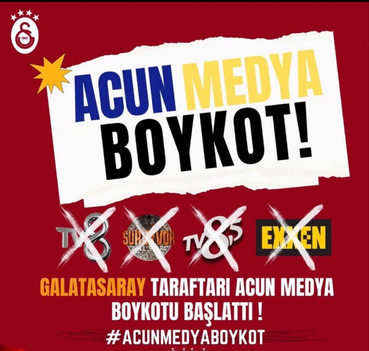 Galatasaray’lıyım Diyorsan izlemeyeceksin ‼️

TV 8, TV 8,5 izleme izlettirme!!!

Vallahi helal olsun size 😎 
Dün 12 Bölüm Reytingler de dipte 💪

Görev sizi Bekler 🫡
 #AcunMedyaBoykot