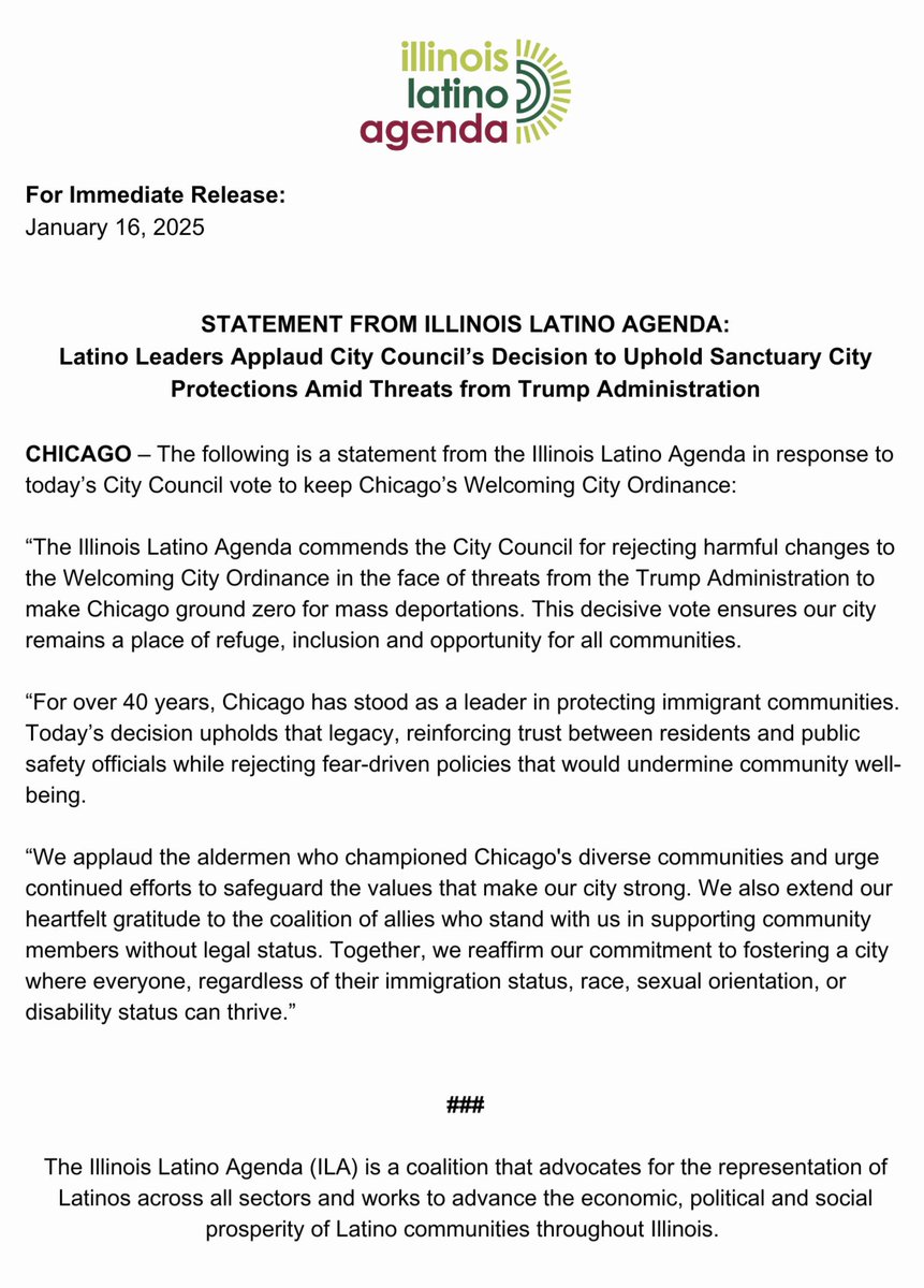 Illinois Latino Agenda applauds the City Council for upholding the Welcoming City Ordinance, keeping Chicago a city of refuge and inclusion.