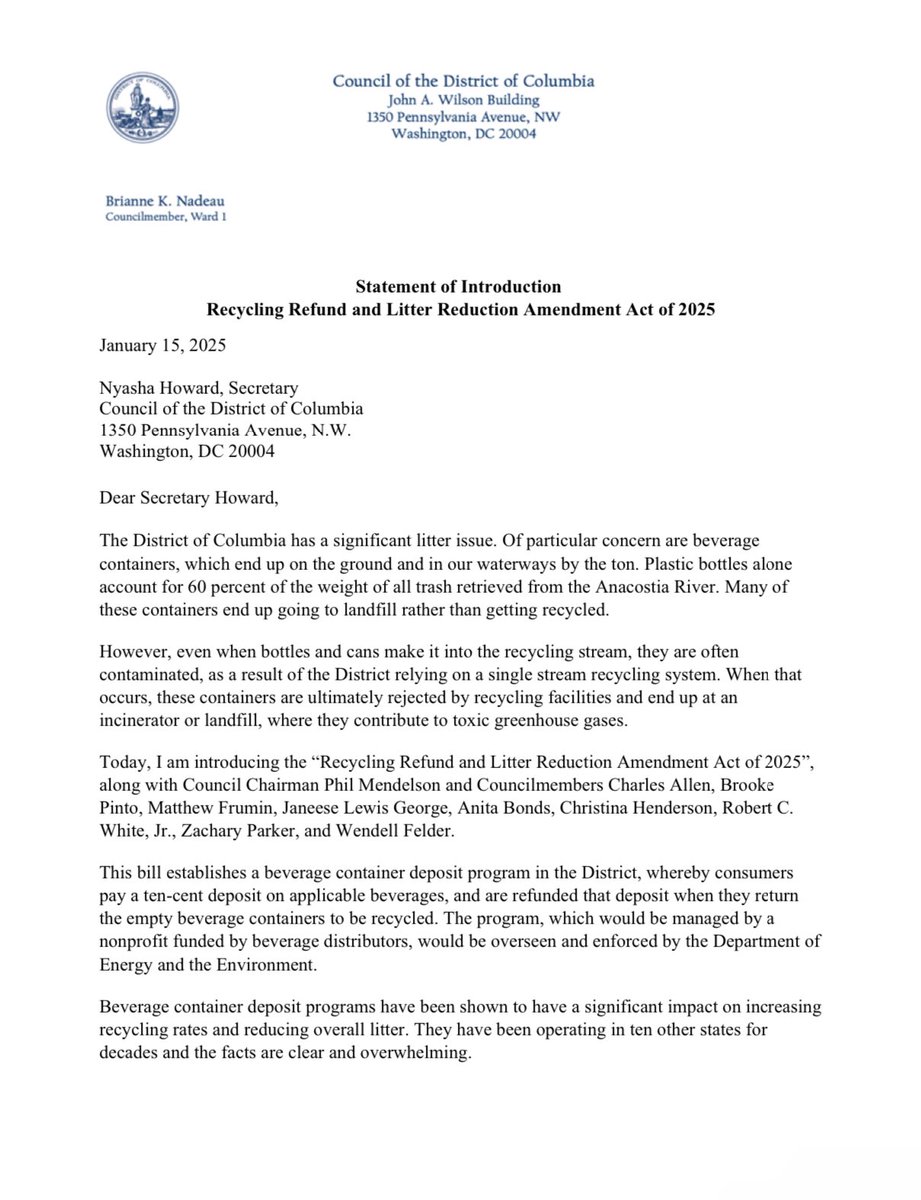 ZachBIsrael's tweet photo. Looking forward to watching the DC Council eventually pass the Recycling Refund and Litter Reduction Amendment Act of 2025! Props to @BrianneKNadeau for leading on this effort! Would be a huge win for the District! https://t.co/z3aGZVAtGj https://t.co/AZSPO1J3pd