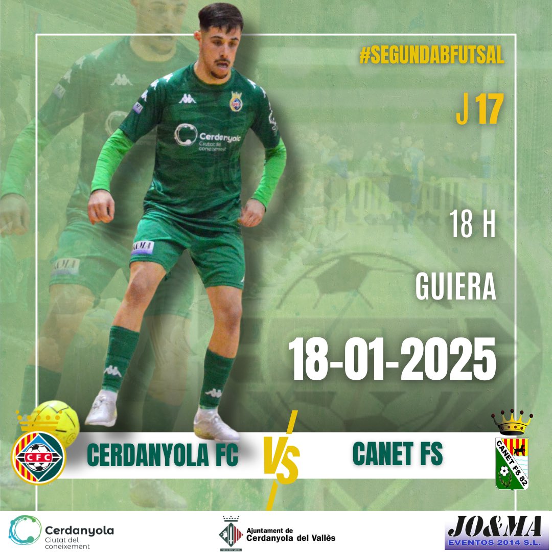 CERDANYOLAFC's tweet photo. ⚽️👏🏻 Tornen a Guieraaa!!! #futsal #segonabnacional
🆚 @CanetFs
🗓️ Dissabte 18 de gener
⏰ 18 h
🏟️ PEM Guiera
💚 SOM-HI GUERRERS! 💚
#orgullverd https://t.co/JkHYvSIlLD