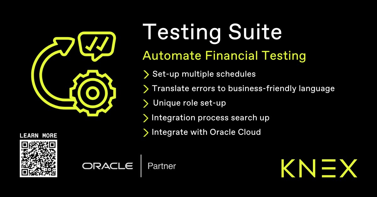 knextech's tweet image. Streamline your financial testing with the KNEX Testing Suite⚙️✅

Automate schedules, translate errors effortlessly, and integrate with Oracle Cloud!

Discover more here: knextech.com/product/automa…

#FinancialTesting #Automation #OraclePartner