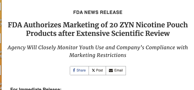 esaagar's tweet image. Huge moment: FDA has authorized marketing for Zyn after years long review found evidence nicotine pouches offer "greater benefits to population health than risks"

h/t my friend @johncoogan who is the expert on this topic and also produces a superior product