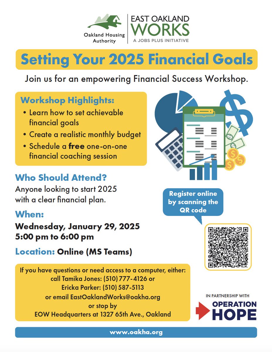 🔔 Lockwood Gardens Residents!

Join East Oakland Works &amp; OHA for a Free Financial Success Workshop on Jan 29! 

Learn budgeting, goal-setting, and get 1-on-1 coaching.

📅 Virtual session: 5-6 PM
📞 (510) 777-4126 or (510) 587-5113

Register here: bit.ly/42frCb3