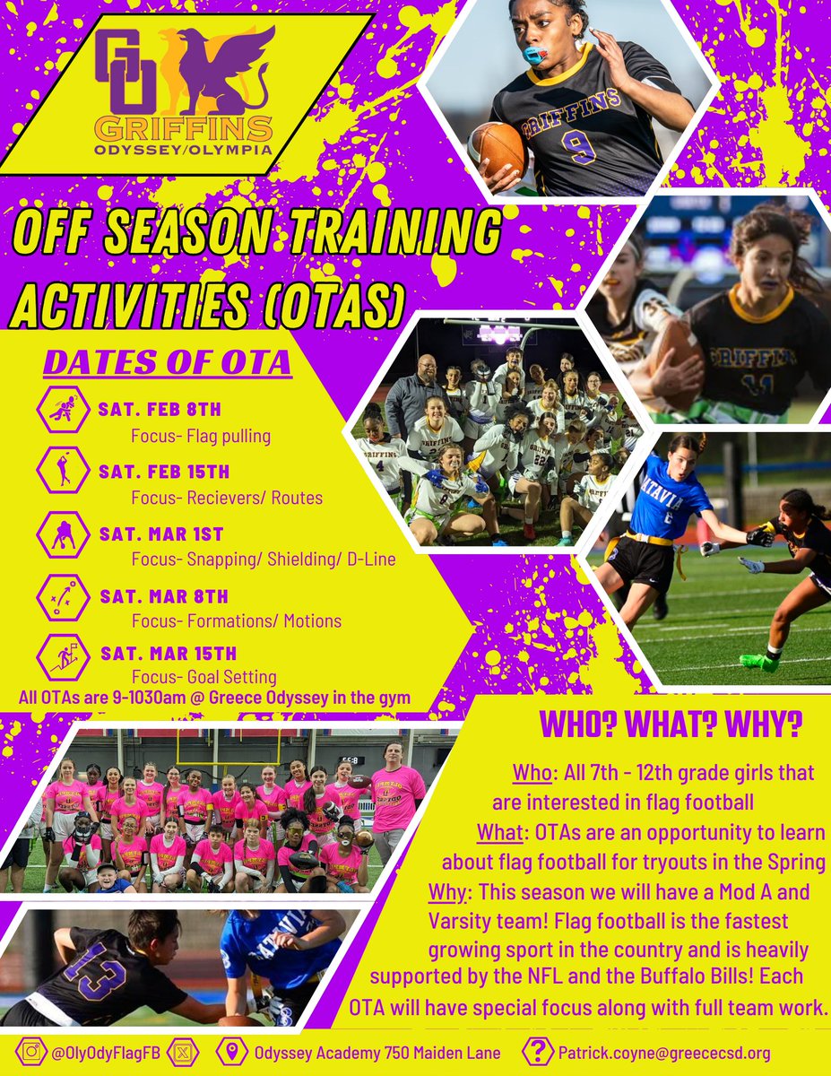 We are so back! OTAs are open to all girls at <a href="/GreeceOlympia/">Olympia Spartans</a> and <a href="/GreeceOdyssey/">Odyssey Academy</a> in 7-12th grade interested in learning about flag football! <a href="/Ody_Athletics/">Greece Odyssey Athletics</a> <a href="/Oly_Athletics/">Greece Olympia Athletics</a>