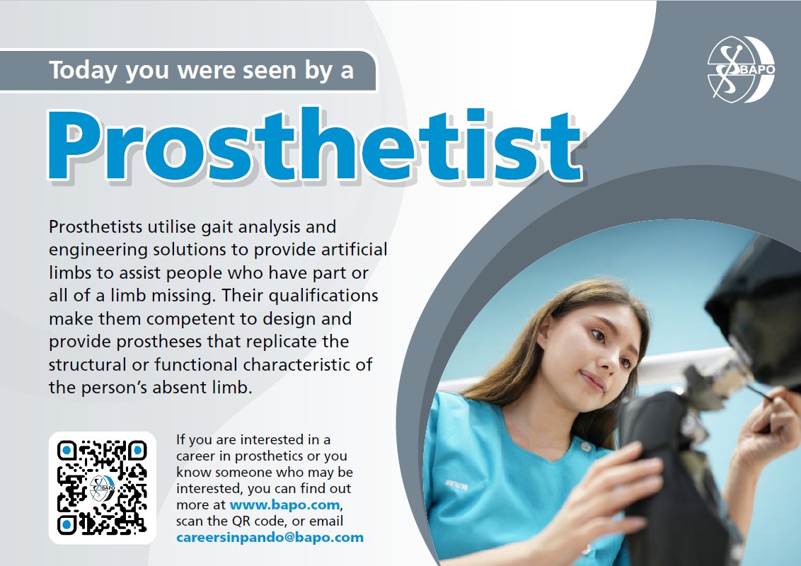 We are encouraging our prosthetists and orthotists, support workers and technicians to share these pictures in their services and display them where appropriate. You can find the poster on the careers webpage under resources, here: bapo.com/careers/