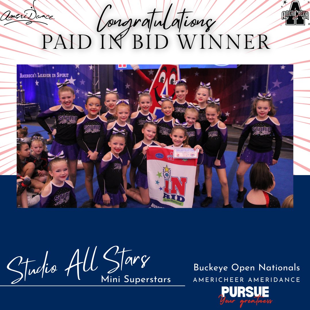 AmeriCheer87's tweet photo. Congrats to these InBid winners - we hope to see you in Orlando in March 2025 for the AmeriCheer AmeriDance InterNationals. 
@RoyaltyAllStars
@GMschools
@StudioAllStars https://t.co/hCuHv1LwKv