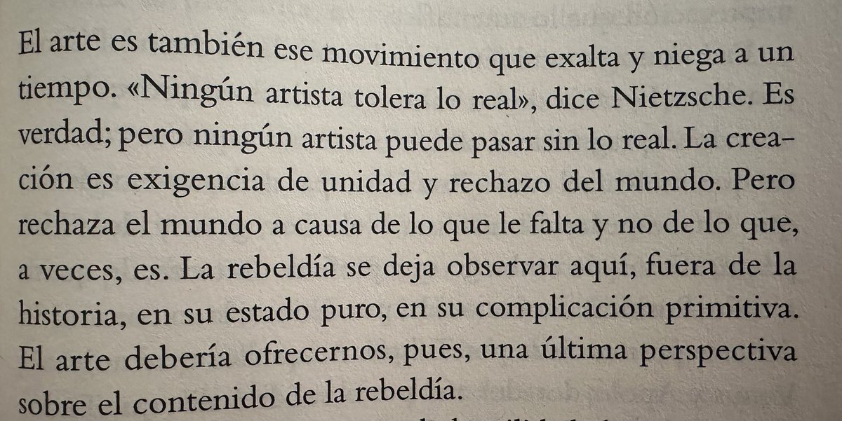 t_arroyavev's tweet photo. Leo por estos días “El hombre rebelde” de Camus y encuentro fragmentos a propósito de este falso dilema sobre quién traza la línea entre arte y política.

Todo arte es político. Cuestiona la realidad. No obstante, parte de la rebeldía que es una fuerza creadora, no destructora. https://t.co/II1QT4McJG