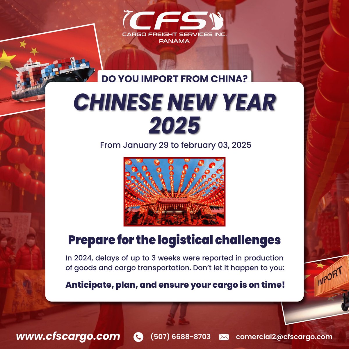 cfspanama's tweet photo. 📦✨ We help you coordinate your shipments from China, safely and with reliable timelines. 

Keep in mind that the resumption of activities begins gradually between February 3 and 12, 2025✨

Contact us: 
Comercial2@cfscargo.com https://t.co/xkUbhEY1dj
