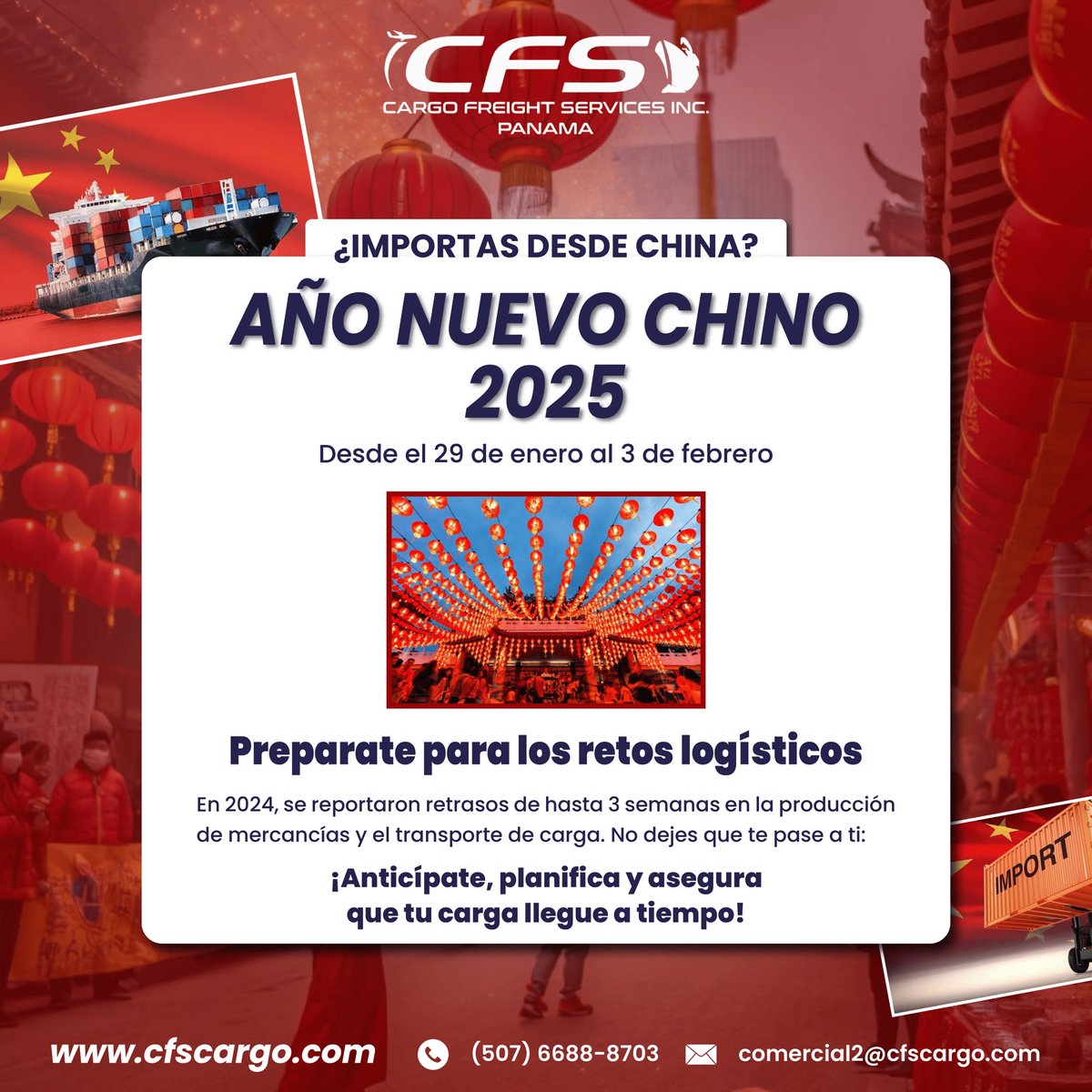 cfspanama's tweet photo. 📦✨ We help you coordinate your shipments from China, safely and with reliable timelines. 

Keep in mind that the resumption of activities begins gradually between February 3 and 12, 2025✨

Contact us: 
Comercial2@cfscargo.com https://t.co/xkUbhEY1dj